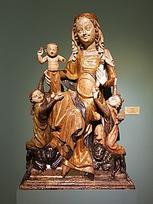 Holzdarstellung der Jungfrau und Gottesmutter Maria auf Thron mit drei Kindern