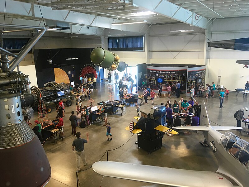 File:Visitors inside the Exhibit Hall at the Aerospace Museum of California near the space exhibits.jpg