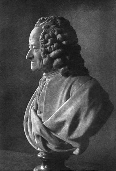 reproduction of a photograph of a bust of philosopher Voltaire
