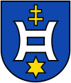 Wappen von Wallerfangen mit Mühleisen, Lothringer Kreuz und Stern