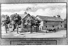 Doel's Homestead and Brewery on the northwest corner of Bay and Adelaide Street, 1827. Watercolour of Doel's Homestead and Brewery, northwest corner of Bay and Adelaide streets.jpg