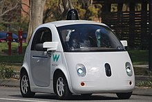 A prototype of Waymo's self-driving car, navigating public streets in Mountain View, California in 2017 Waymo self-driving car front view.gk.jpg