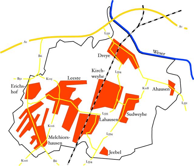 Ligging van de  Ortsteile van de  Gemeinde Weyhe