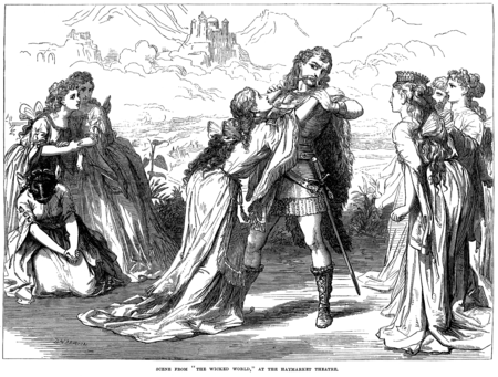 David Henry Friston's illustration of the climax of Act III in The Illustrated London News of 8 February, 1873 Wicked World - Illustrated London News, Feb 8 1873.PNG