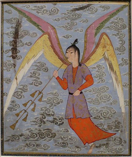 Angel Blowing a Woodwind, ink and opaque watercolor painting from Safavid Iran, c. 1500, Honolulu Academy of Arts