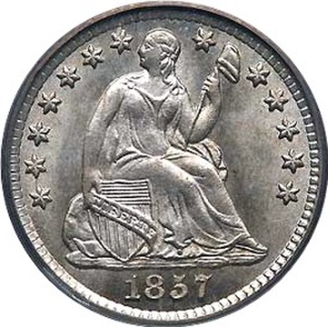 Obverse of a Seated Liberty Half Dime, dated 1857.