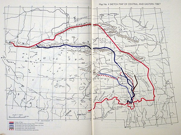 The Chinese control of southeastern Tibet shown along with the proposed Simla Convention frontier of 1914.