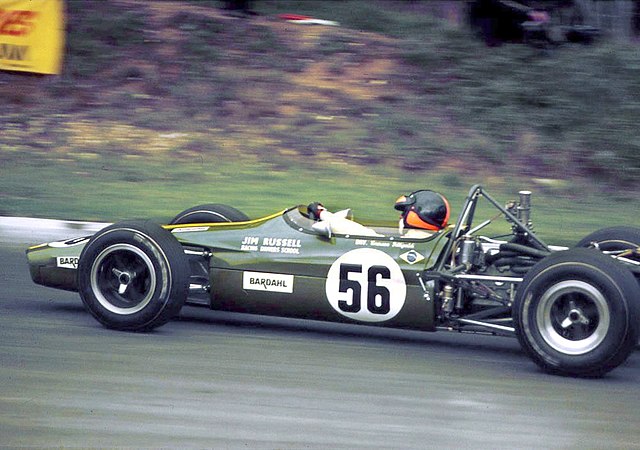Fittipaldi driving the Jim Russell Racing Drivers School F3 Lotus 59 in the 1969 F3 Guards Trophy at Brands Hatch