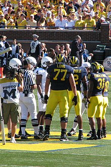 As 2007 co-captain, Long participated in opening coin tosses along with Mike Hart, Shawn Crable and Brandent Englemon. 20070922 Long, Crable, Hart and Englemon during Penn State coin toss.jpg