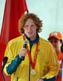 Australian gold medal pole vaulter Steve Hooker at the Melbourne homecoming parade for 2008 Olympic Team.