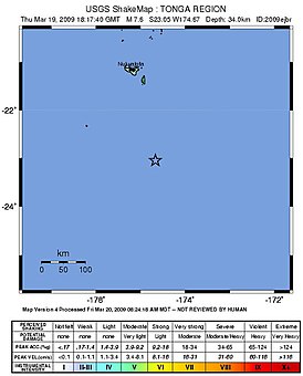 Эпицентр землетрясения в Тонге 19 марта 2009 года (Снимок USGS)