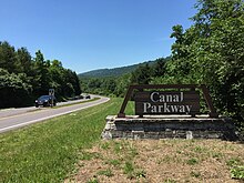 View south along Canal Parkway near Elder Street in Cumberland 2016-06-18 12 26 21 View south along Maryland State Route 61 (Canal Parkway) just north of Elder Street in Cumberland, Allegany County, Maryland.jpg