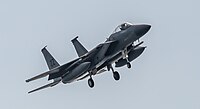 A US Air Force F-15C Eagle, tail number 81-0031, on final approach at Kadena Air Base in Okinawa, Japan. It is assigned to the 44th Fighter Squadron at Kadena AB.