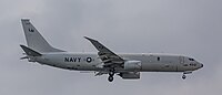 A US Navy P-8 Poseidon, tail number 168429, on final approach at Kadena Air Base in Okinawa, Japan.