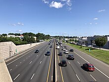 Route 17 northbound in Maywood 2021-07-31 10 15 25 View north along New Jersey State Route 17 from the overpass for Bergen County Route 56 (Essex Street) in Maywood, Bergen County, New Jersey.jpg