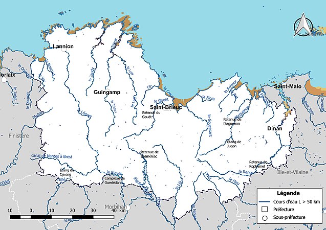 Carte des cours d'eau de longueur supérieure à 50 km des Côtes-d'Armor.