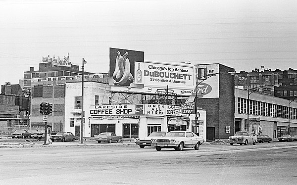 Sign for WVON 1450 AM above and behind Lakeside Coffee Shop at 2141 S Indiana, Chicago, March 1979.