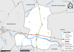 Carte en couleur présentant le réseau hydrographique de la commune