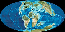 Paleogeography of the Late Cretaceous (90 Ma) with known distribution of Arcellites disciformis indicated 90 Ma - Late Cretaceous paleogeography with known distribution of Arcellites disciformis indicated.jpg