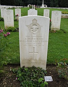 QR code tile next to the grave of Wing Commander Adrian Warburton at Durnbach War Cemetery in Gmund am Tegernsee, Germany. The code links to his Wikipedia entry. Adrian Warburton grave.jpg