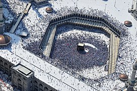 Aerial view of the Sacred Mosque (Al-Masjid Al-Ḥarām) of Mecca in Saudi Arabia, the largest mosque and holiest site in Islam, with the Kaaba in the center (2010 photo)