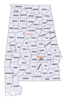 An enlargeable map of the 67 counties of the state of Alabama Alabama counties map.png