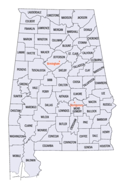 Alabama counties (clickable map) Alabama counties map.png