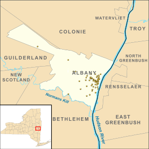The city of Albany with NRHP listings identified by pinpoints Albany, New York Map NRHP.svg