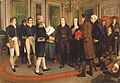 Sinatura do Tratado de Gante que puxo fin á Guerra angloestadounidense de 1812, a delegación británica, á esquerda, con uniformes diplomáticos, deseñados seguindo o modelo dos uniformes cortesáns.