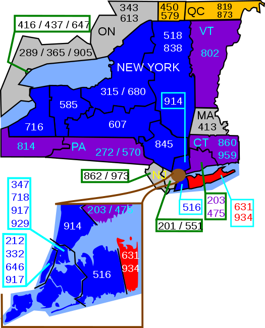 The red area is area code 631/934; the blue area is the rest of New York State. Area code 631.svg