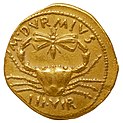 Ancient Roman coin depicting a crab and a butterfly Aureus Octave Gallica 29 bis.jpg