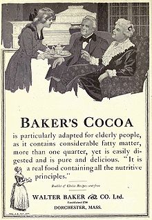 Baker's Cocoa Advertisement in Overland Monthly, January 1919. The manufacture of chocolate had been introduced in the United States in 1765 by John Hannon and Dr. James Baker in Dorchester. Walter Baker & Company was located in Dorchester.