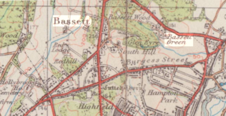 Ordnance Survey map of 1935 showing locations of Bassett and Bassett Green. Bassett and Bassett Green locations.png