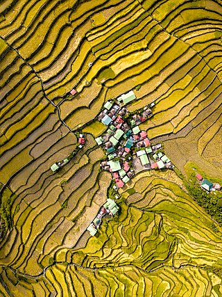 Drone photo of the village of Batad in Banaue (Ifugao province, Philippines) with its famouse rice terraces