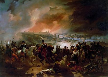 Napoleon and Poniatowski with the burning city of Smolensk