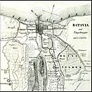 Stadtplan von Batavia, veröffentlicht im Jahr 1846. – Das Hospital, etwas rechts von der Mitte der Karte, war Junghuhns erster Arbeitsplatz.[45]