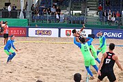 Deutsch: Beachhandball Europameisterschaften 2019 (Beach handball Euro); Tag 3: 4. Juli 2019 – Männer, Platzierungsrunde Gruppe III, Slowenien-Türkei 0:2 (18:18, 22:23) English: Beach handball Euro; Day 3: 4 July 2019 – Men Consolation Round Group III – Slovenia-Turkey 0:2 (18:18, 22:23)