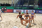 Deutsch: Beachhandball Europameisterschaften 2019 (Beach handball Euro); Tag 2: 3. Juli 2019 – Frauen, Vorrunde Gruppe C, Spanien-Griechenland 2:1 (12:20, 18:16; 8:2) English: Beach handball Euro; Day 2: 3 July 2019 – Women Preliminary Round Group C – Spain-Greece 2:1 (12:20, 18:16; 8:2)