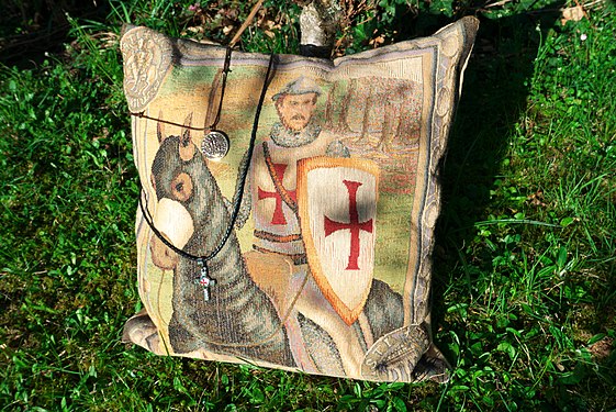 Belgian embroidery cushion of a Knight Templar on horseback