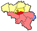 Image 18Map showing the division of Brabant into Flemish Brabant (yellow), Walloon Brabant (red) and the Brussels-Capital Region (orange) in 1995 (from History of Belgium)