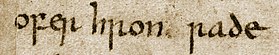Un detalh de la primièra pagina del manuscrit de Beowulf que mòstra los mots "ofer hron rade", traduch coma "al dessús de la rota de la balena (mar)". Es un exemple d'un aparelh stilistic de vièlh anglés, lo kenning.