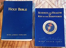 The Bible (left) and Science and Health with Key to the Scriptures (right) serve as the pastor of the Christian Science church. Bible and science and health.JPG