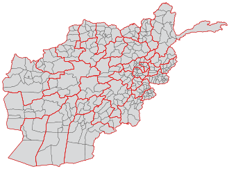 Празна (бјанко) мапа Авганистана са границама провинција (црвено) и округа (сиво)