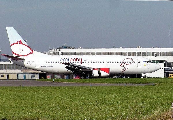 A bmibaby Boeing 737-300 arrives at Cardiff Airport in 2009.