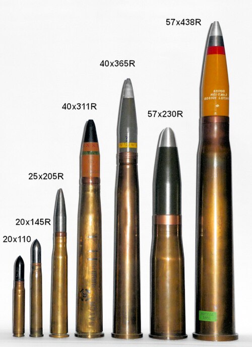 Various cannon cartridges manufactured by Bofors, including proprietary ammunition for the m/40 anti-aircraft gun (20×145mmR, second from the left), m