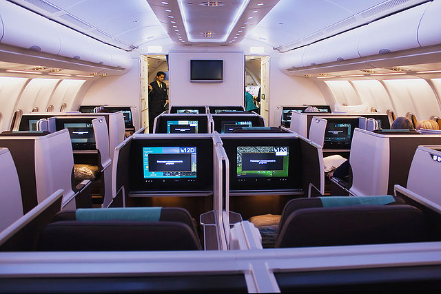 The business class cabin aboard a former Oman Air Airbus A330-300.