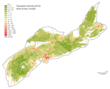 Population density map of Nova Scotia (c. 2016) with county and regional municipality borders shown. Canada Nova Scotia Density 2016.png