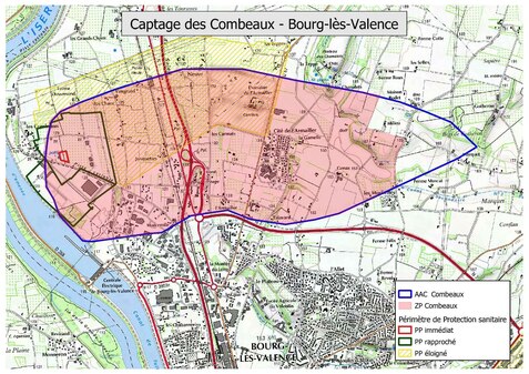 Captage des Combeaux à Bourg-lès-Valence - La zone bleue représente l'aire d'alimentation du captage tandis que la zone rose représente la zone de protection du captage[231].