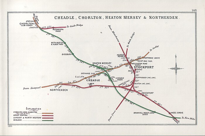 Railway Clearing House 1903 diagram of railways in south Manchester showing the location of Cheadle CLC and Cheadle LNW stations.