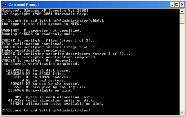 The chkdsk command on Windows XP